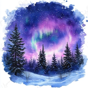 Könnte beinhalten: Aquarellmalerei einer Winterlandschaft mit leuchtenden Nordlichtern. Der Himmel wechselt von tiefem Lila zu Rosa und Grün, mit verstreuten weißen Sternen. Silhouetten von immergrünen Bäumen und ein verschneiter Vordergrund vervollständigen die Szene.