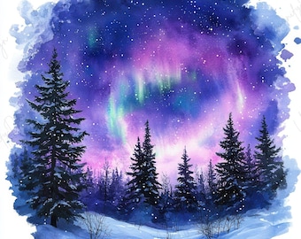 Può includere: Dipinto ad acquerello di un paesaggio invernale con una vibrante aurora boreale. Il cielo passa dal viola intenso al rosa e al verde, con stelle bianche sparse. Alberi sempreverdi e un paesaggio innevato completano la scena.