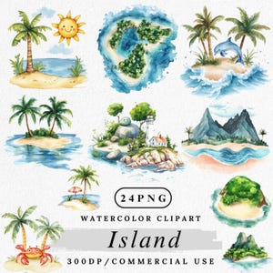 Clipart de ilha, Ilha em aquarela PNG, Clip Art de praia tropical, Ilha com palmeiras PNG, Paisagem oceânica PNG, Artesanato em papel, Uso comercial