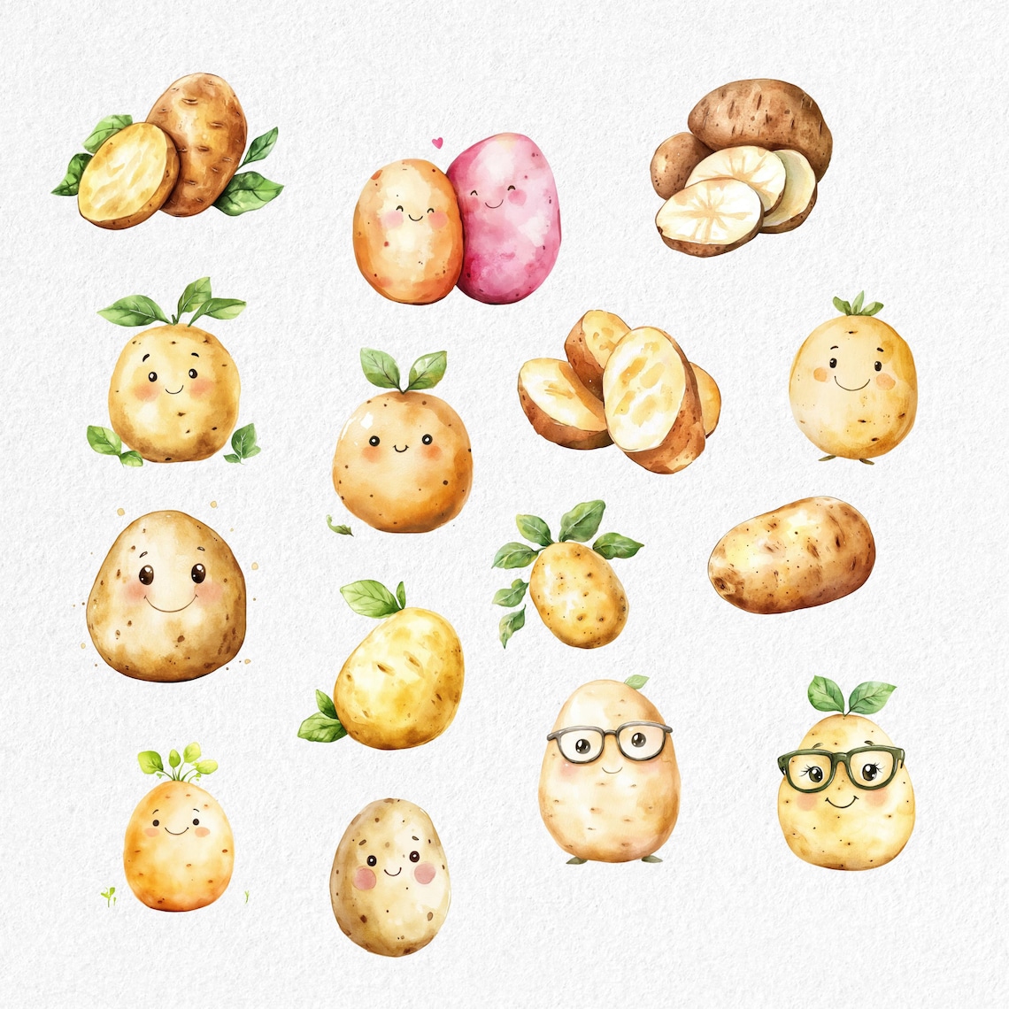 Watercolor Potato Clipart Bundle: Kawaii Vegetable PNG (digital ...