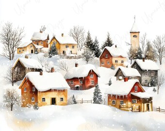 May include: Watercolor painting of a snow-covered village with several houses and a church. The houses have red, yellow, and brown roofs, and the landscape is covered in snow. Bare trees and evergreen trees are scattered throughout the scene.