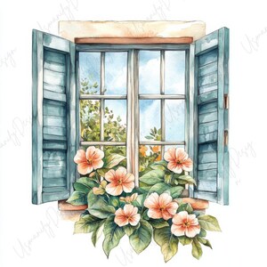 Könnte beinhalten: Aquarellillustration eines offenen Fensters mit blauen Fensterläden. Das Fenster zeigt einen Blick auf einen blauen Himmel und grünes Laub. Pfirsichfarbene Blumen und grüne Blätter befinden sich im Blumenkasten und schaffen eine lebendige, florale Szene.