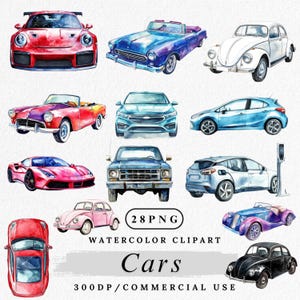 Car Clipart, Watercolor Car PNG, Vehicle Clip Art, Cartoon Car art, Transportation Clipart, Digital Download, Race Car PNG, Paper Crafting
