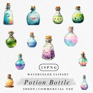 Puede incluir: Clipart de acuarela de 15 botellas de pociones con caras sonrientes y tapones de corcho. Las botellas contienen líquidos coloridos en tonos de azul, verde, morado y rosa. El texto en la imagen dice "Potion Bottle" y "300DP/COMMERCIAL USE".