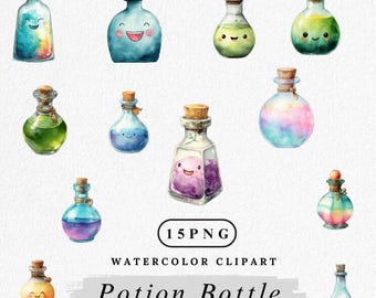 Potion Bottle Clipart Pack, Magical Potion PNG's (digitale download, 15 bestanden, commercieel gebruik)