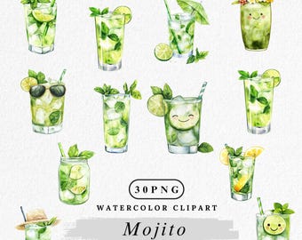 Mojito Clipart png, Cute Mojito Characters. Kawaii Drink Clipart, Tropical Summer Mojito Art,  Watercolor Mojito Clipart, Fresh Mint Clipart