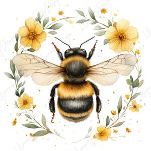 May include: Watercolor illustration of a bumblebee with black and yellow stripes, surrounded by a wreath of yellow flowers and green leaves. The bee has detailed wings and antennae, set against a white background.