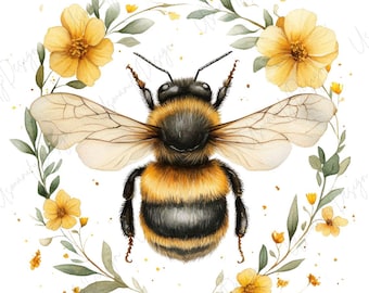 Cute Bee Clipart Bundle, Bumblebee PNG, Baby Bee Nursery Decor, Floral Honey Bee, Baby Shower Bee, Spring Bee Printable Set