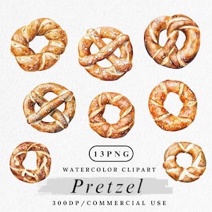 May include: Watercolor clipart of nine pretzels, each with a golden-brown crust and sprinkled with coarse salt. The pretzels are arranged on a white background. The image includes the text "13 PNG", "Watercolor Clipart", "Pretzel", and "300DP/Commercial Use".