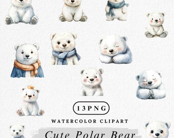 Clipart de oso polar: lindo paquete PNG de animales invernales en acuarela, descarga digital de oso ártico, ilustración infantil, uso comercial