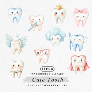 Clipart de dent PNG, Illustration de personnage de dent mignonne, graphiques dentaires kawaii, art dentaire aquarelle pour enfants, décoration de bureau de dentiste, dents png