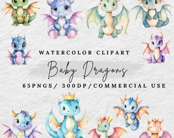 May include: Watercolor clipart of baby dragons in various poses and colors. The dragons are all cute and whimsical, with big eyes and small wings. The clipart is perfect for adding a touch of magic to any project.