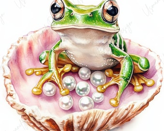 15 Frog Seashell Clipart, Watercolor Frog with Pearls, Cute Amphibian Art for Scrapbook, Ocean Theme Crafts, Junk Journal, High-Quality JPGs