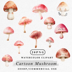 Pink Cartoon Mushroom Clipart, Cute Toadstool PNG Bundle, Kawaii Mushroom Digital Download, Forest Fungus Clip Art, Whimsical Red Mushroom
