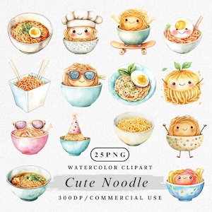 Pacote de Cliparts de Macarrão, Cliparts de Comida Kawaii, Ilustrações de Ramen em Desenho Animado, Macarrão em Aquarela PNG, Gráficos de Culinária Asiática, Arte de Macarrão para Imprimir