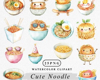 Kawaii Noodle Clipart Bundle: Watercolor Ramen PNG (Digital Download)