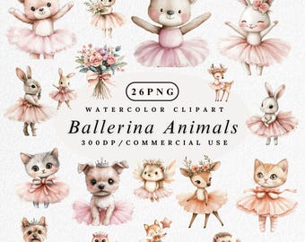 Clipart ballerina dieren: aquarel dans png-bundel, schattige ballet illustratie digitale download, cartoon dierlijke illustraties, commercieel gebruik
