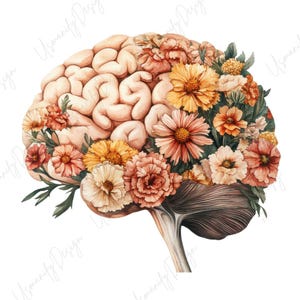 May include: A watercolor illustration of a human brain adorned with colorful flowers. The brain is depicted in a light beige color, with intricate folds and curves. The flowers are a mix of orange, yellow, and pink, with green leaves.