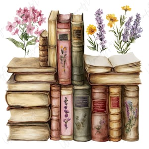 23 Watercolor Books Clipart PNG, Vintage Book Stack Bundle, Floral Botanical Book, Library Shelf PNG Set, Paper Craft, High Resolution PNG