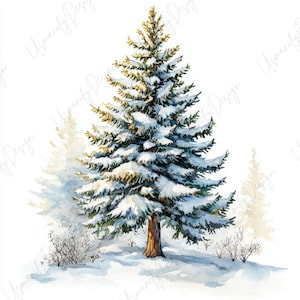 May include: Watercolor painting of a snow-covered evergreen tree. The tree has green needles and is covered in white snow. The trunk is brown. The scene includes other smaller trees and bushes in the background, all covered in snow. The artwork is set against a white background.