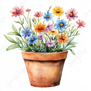 以下が含まれることがあります： テラコッタの植木鉢に色とりどりの花が咲き誇る水彩画イラスト。花はピンク、オレンジ、黄色、青の色合いで、緑の葉が添えられています。柔らかく芸術的な雰囲気で、家の装飾やガーデニングをテーマにした商品に最適です。