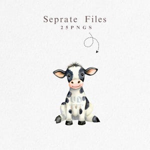 May include: A black and white cartoon cow with a friendly expression sits on a white background. The cow has black spots on its white fur and is looking directly at the viewer.