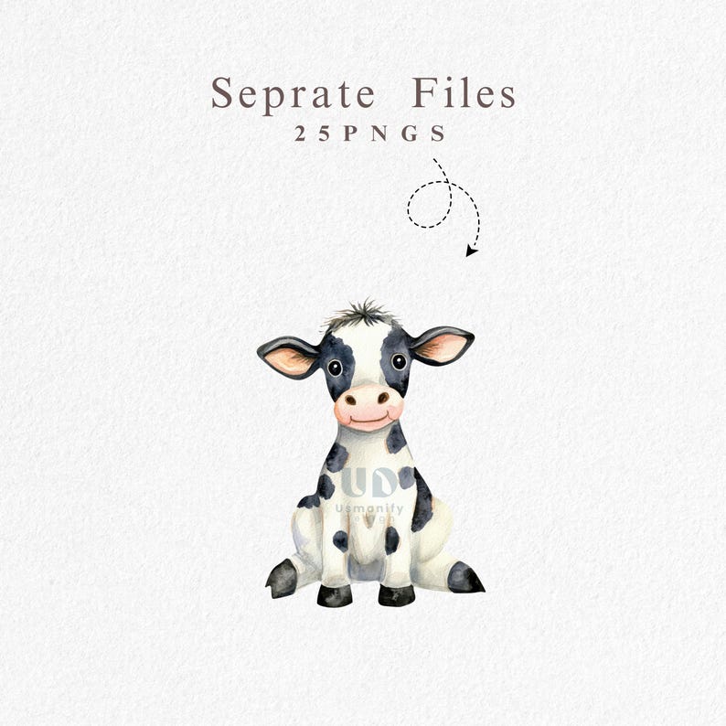May include: A black and white cartoon cow with a friendly expression sits on a white background. The cow has black spots on its white fur and is looking directly at the viewer.