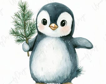 23 Penguin Winter Clipart, Watercolor Cute Penguin with Pine Branches, Holiday Nursery Art, Winter Animals, Junk Journal, High-Quality JPGs