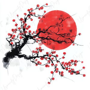 Puede incluir: Pintura a la acuarela de una rama de cerezo japonés con flores rojas y un gran sol rojo en el fondo. La obra de arte es de estilo minimalista con tonos negros y rojos.