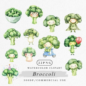 Broccoli clipart, schattige broccoli karakter PNG, kawaii plantaardige kunst, gezonde voeding clipart, aquarel broccoli, vegetarische clipart, fun food kunst
