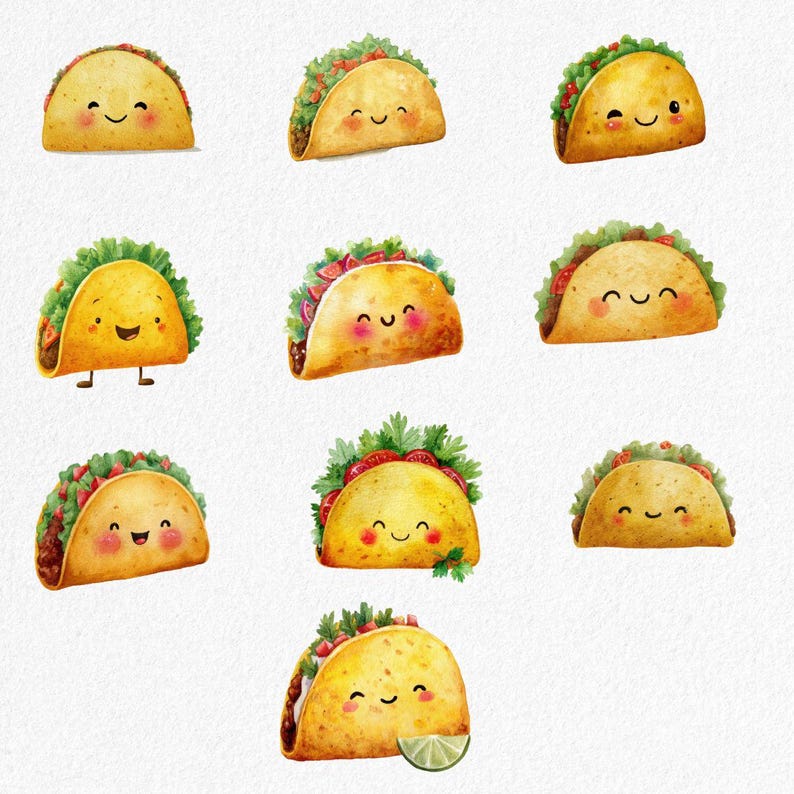 Smiling Taco Clipart, Cute Taco PNG Bundle, Kawaii Mexican Food ...