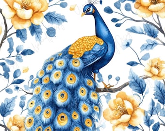 11 Watercolor Peacock Clipart, Elegant Blue Gold Bird PNG, Wedding Decor, Junk Journal, Paper Craft, Printable Wall Art, High Quality PNGs