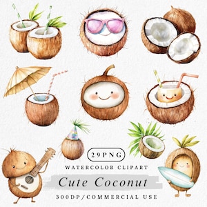 Coconut Clipart Bundle, Cute Coconut Character PNG, Tropical Fruit art, Watercolor Coconut Graphic, Summer Beach Clipart, Kawaii Fruit Faces