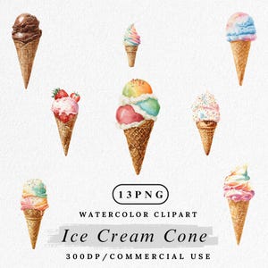 Ice Cream Cone Clipart, Watercolor Ice Cream PNG, Summer Dessert Clip Art, Sweet Treat, Food Clipart Set, Digital Download, Scrapbook Images