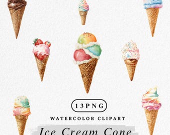 Può includere: Clipart ad acquerello di vari coni gelato. I coni presentano diversi gusti e condimenti, tra cui cioccolato, fragole e zuccherini. L'immagine include il testo "Ice Cream Cone" e "300DP/COMMERCIAL USE".