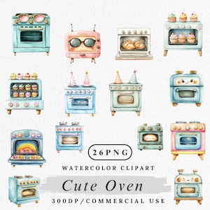Clipart forno kawaii: grafica da cucina ad acquerello (download digitale)