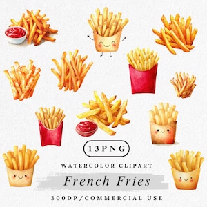 French Fries Clipart, Watercolor Fries PNG Bundle, Fast Food Clip Art, Snack Illustration, Fried Potato Digital Download, Junk Food Art