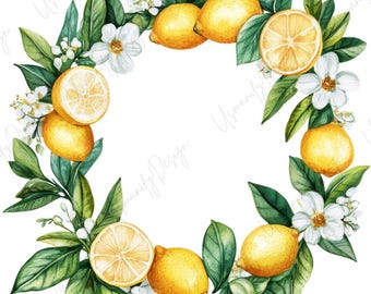 26 Watercolor Lemon Frame Art, Citrus Lemon Border Clipart Set, Botanical Fruit, Scrapbook, Junk Journal, Paper Craft, High Quality PNG