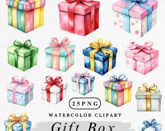 Watercolor Gift Box Clipart: 25 PNG Illustrations (Digital Download)