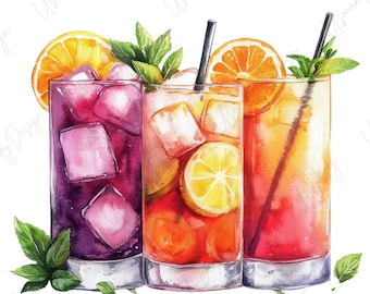 17 Watercolor Drinks Clipart, Iced Summer Beverage, Colorful Lemonade And Juice Glass, Cocktail Mocktail, Paper Craft, High Resolution PNG
