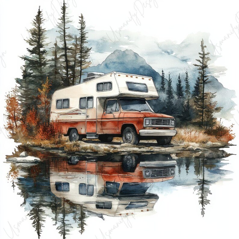 15 Watercolor Camper Clipart, Retro RV and Trailer Art, Cozy Campfire ...