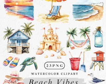 Watercolor Beach Clipart Bundle: Summer Vacation PNG Graphics (Digital Download)