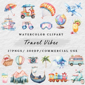 Watercolor Travel Clipart, Transport Clipart, Vacation, Travel PNG, Road Trip Clip Art, Globe, Transport PNG, Luggage PNG, Digital Download