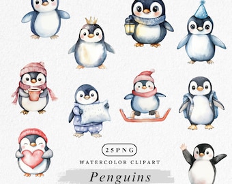 Penguin Clipart PNG, Cute Winter Penguin Characters, Watercolor Animal Character, Kawaii Penguin Art for Crafts, Decor and Digital Downloads