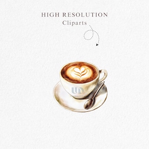 May include: Watercolor illustration of a cup of coffee with latte art in the shape of a heart, on a white saucer with a spoon. The image includes the text "HIGH RESOLUTION Cliparts".