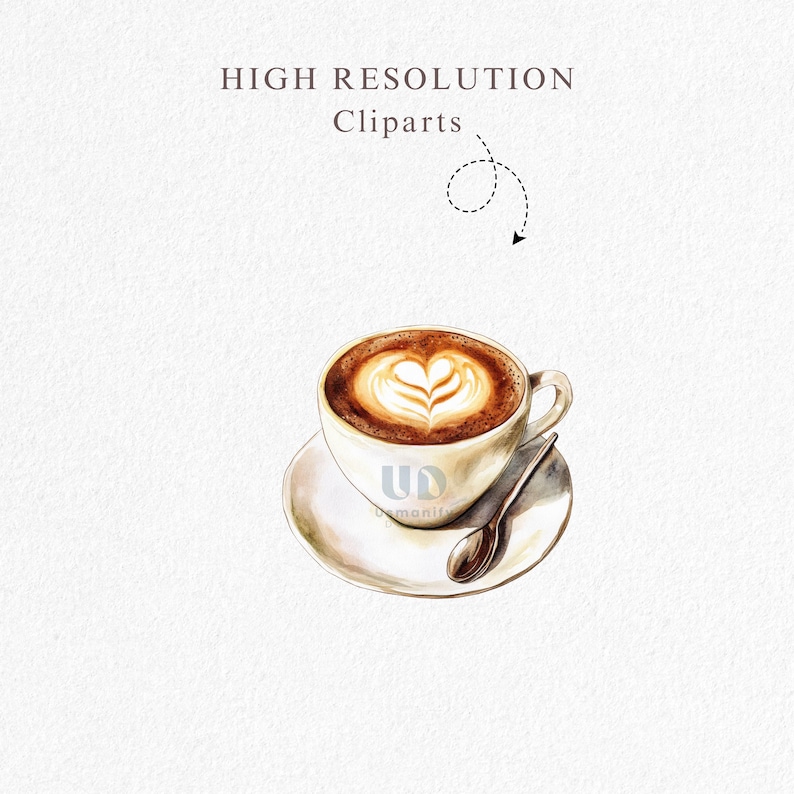 May include: Watercolor illustration of a cup of coffee with latte art in the shape of a heart, on a white saucer with a spoon. The image includes the text "HIGH RESOLUTION Cliparts".
