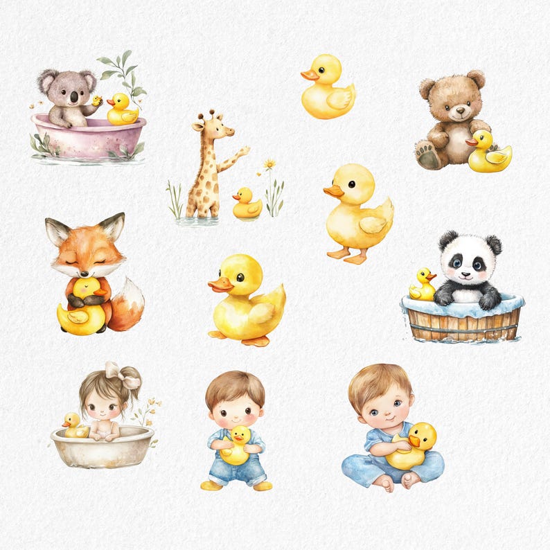 Puede incluir: Un conjunto de ilustraciones de acuarela que representan a varios animales y ni&ntilde;os jugando con patitos de goma. Las ilustraciones incluyen un koala, un zorro, una jirafa, un panda, un oso y dos ni&ntilde;os. Las ilustraciones son perfectas para usar en libros para ni&ntilde;os, tarjetas de felicitaci&oacute;n u otros proyectos creativos.