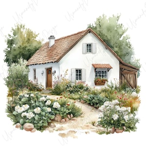 Peut inclure: Aquarelle d'un cottage blanc au toit de tuiles brun, entouré de verdure et de fleurs. Un chemin de pierre mène à la porte en bois. La scène évoque la tranquillité et la sérénité.