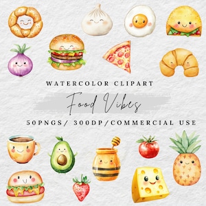 Aquarell Food Charakter Clipart Bundle, süße Food Illustrationen, Burger Gemüse PNG, Dessert & Drink Clip Art, digitaler Download