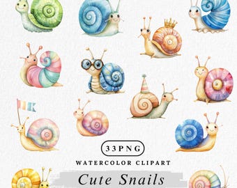 以下が含まれることがあります： 様々な色とポーズで描かれた、かわいいカタツムリの水彩イラスト12点セット。カタツムリは、眼鏡、王冠、パーティーハットなど、さまざまな表情とアクセサリーで描かれています。これらのイラストは、どんなプロジェクトにも遊び心を取り入れるのに最適です。